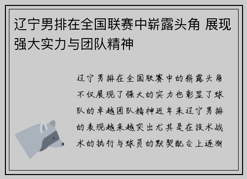 辽宁男排在全国联赛中崭露头角 展现强大实力与团队精神