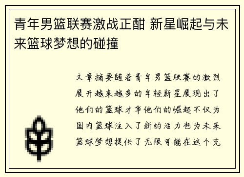 青年男篮联赛激战正酣 新星崛起与未来篮球梦想的碰撞